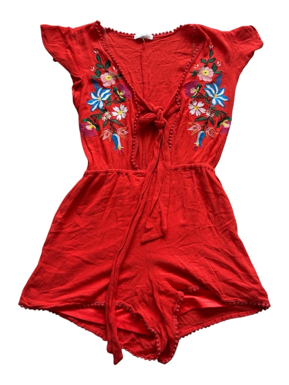 GB Gianni Bini Red Embroidered Floral Tie Front Boho Romper S Festival Western